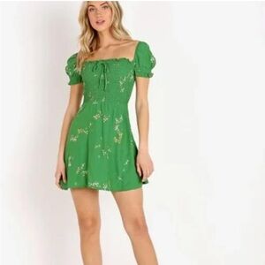 Faithfull The Brand Revolve Anthro Green Cap Sleeve Smocked Floral Mini Size S